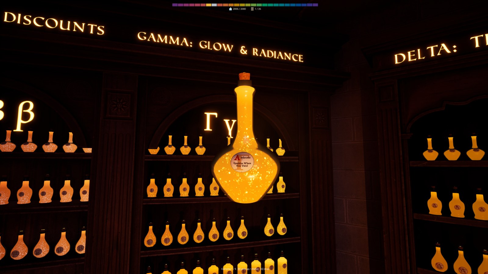 Zlatna okrugla bočica ispred police Gamma: Glow & Radiance u Alchemessu.