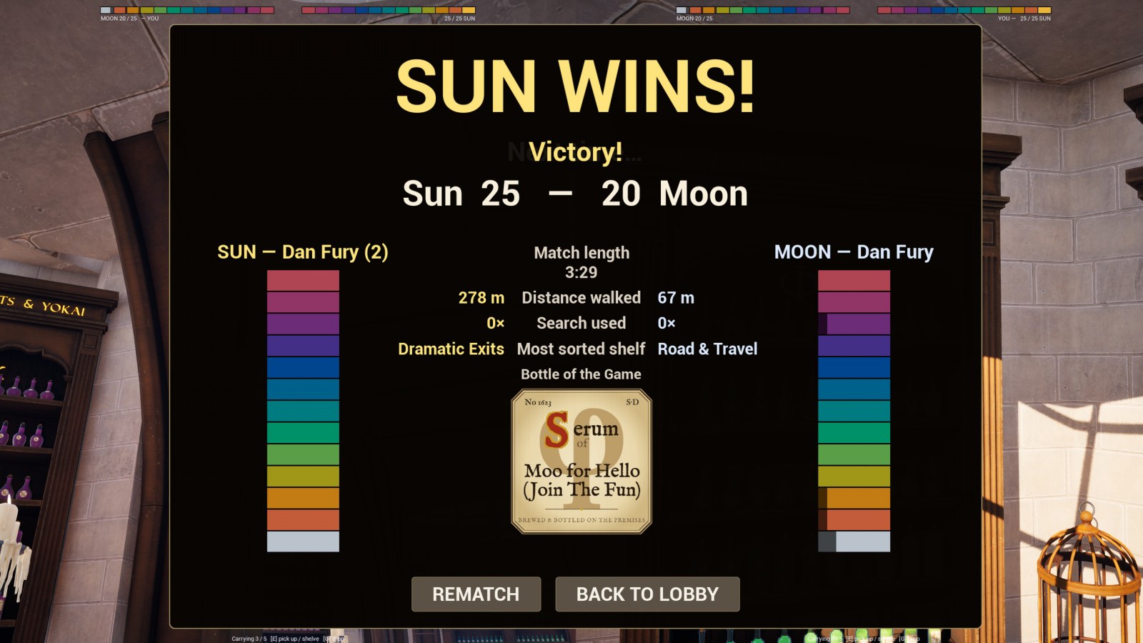 Ploča rezultata Sun vs Moon u Alchemessu prikazuje rezultat Sun 25, Moon 20.