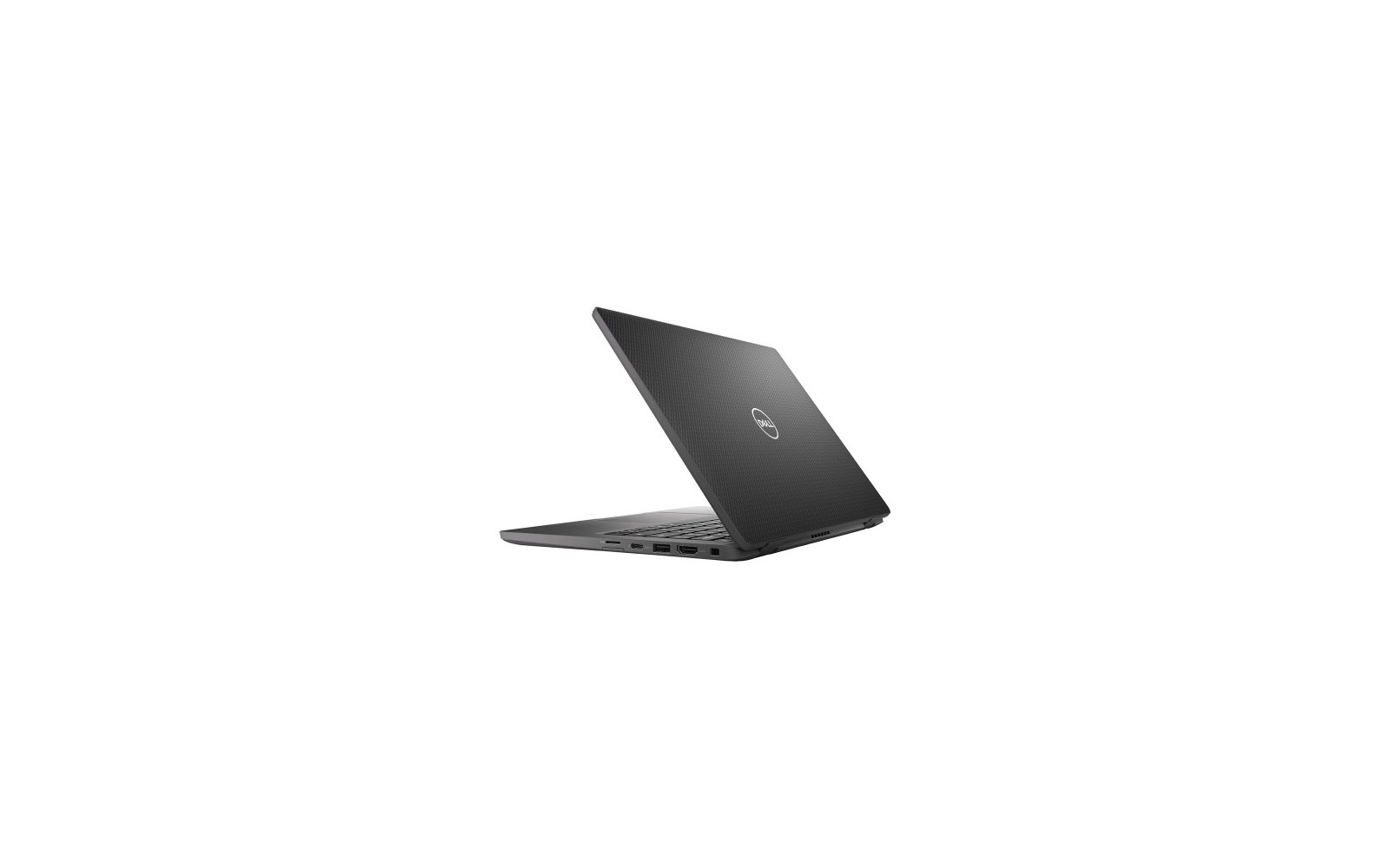 Dell Latitude 7320 prikazan iz stražnjeg kuta s djelomično otvorenim poklopcem, uz vidljive priključke i teksturirani poklopac kućišta.