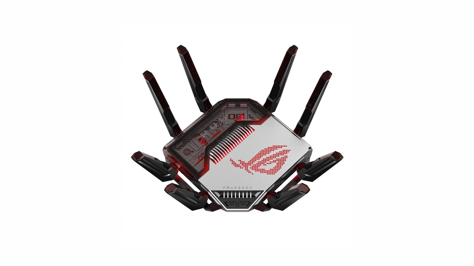 ROG gaming router fotografiran je sprijeda odozgo na bijeloj podlozi, što je čista službena produktna slika prikladna uz vijest o ASUS zakrpi.