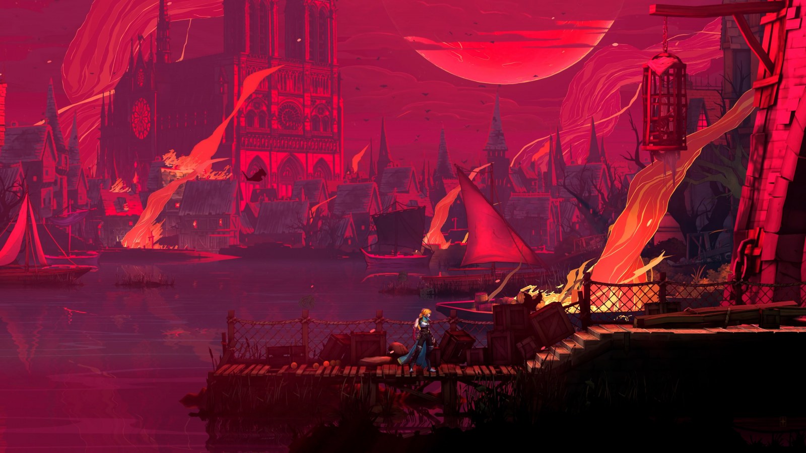 Prizor iz igre Castlevania: Belmont’s Curse prikazuje junakinju na molu pred crvenim nebom, rijekom i gotičkim gradom.