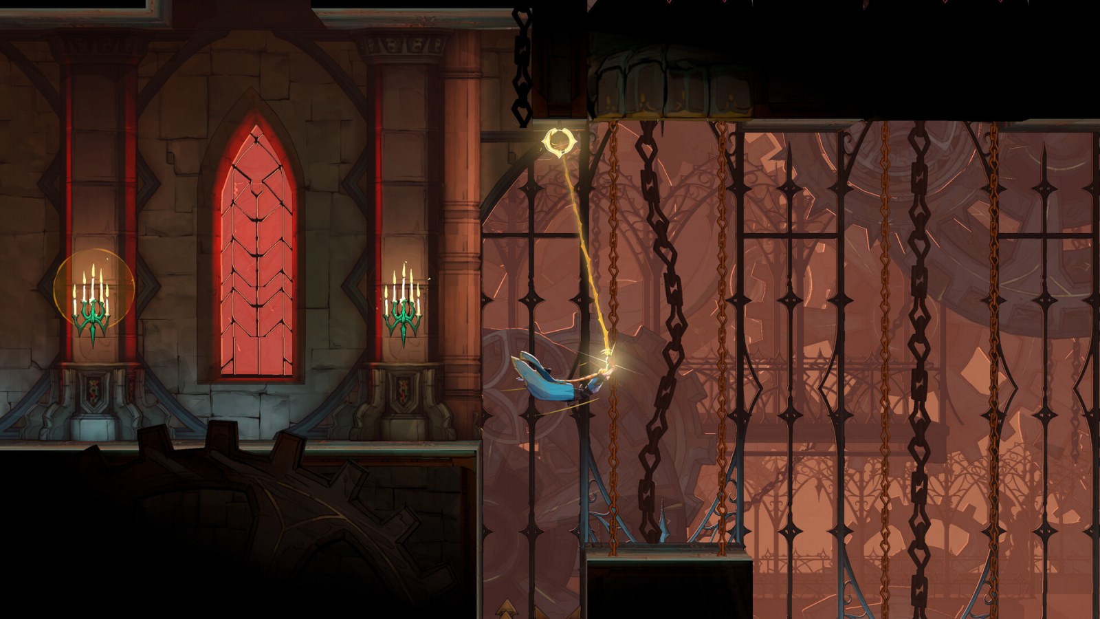Prizor iz igre Castlevania: Belmont’s Curse prikazuje junakinju kako se njiše kroz gotičku dvoranu s lancima i vitrajima.