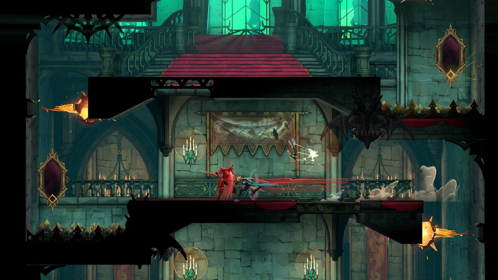 Prizor iz igre Castlevania: Belmont’s Curse donosi borbu u velikoj dvorani s balkonima, zamkama i projektilima.