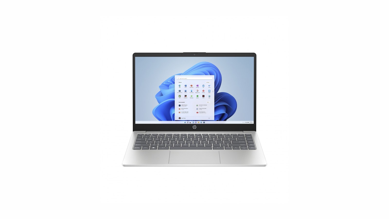 Srebrni HP 14-EP0021NA prikazan je sprijeda s otvorenim zaslonom, tipkovnicom i Windows 11 sučeljem na bijeloj pozadini.